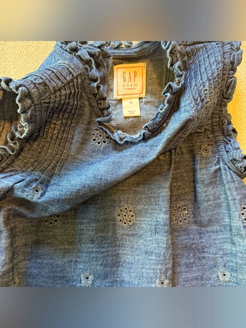 Gap x DÔEN Girls Eyelet Denim Dress Size XS (4–5) Blue Embroidered Boho